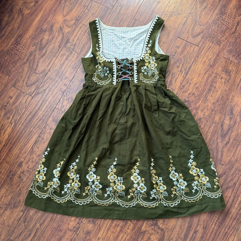Vintage Dirndl Bavarian German Green Floral Embroidered Dress Oktoberfest XL 48